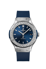Load image into Gallery viewer, Hublot Classic Fusion Titanium 38mm Diamonds 565.NX.7170.RX.1204 - cassa titanio - lunetta con diamanti - cinturino caucciù blu - quadrante blu con datario
