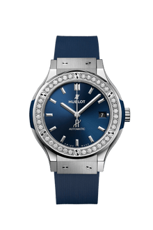 Hublot Classic Fusion Titanium 38mm Diamonds 565.NX.7170.RX.1204 - cassa titanio - lunetta con diamanti - cinturino caucciù blu - quadrante blu con datario
