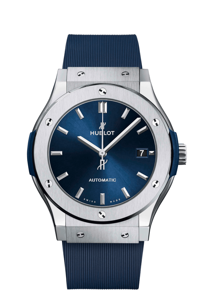 Hublot Classic Fusion Titanium Blue 511.NX.7170.RX - cinturino gomma blu - cassa e lunetta in titanio - quadrante blu con datario