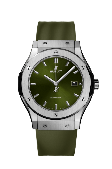 Hublot Classic Fusion Titanium Green 542.NX.8970.RX - cinturino caucciù verde scuro - cassa titanio - quadrante verde scuro con datario
