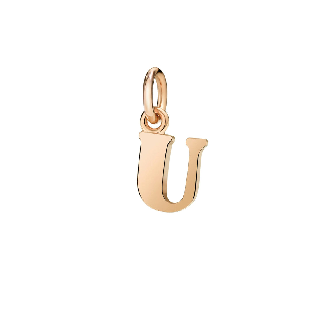 Ciondolo Lettera U DoDo in oro rosa 9K con finitura lucida, charm personalizzabile per bracciali e collane.