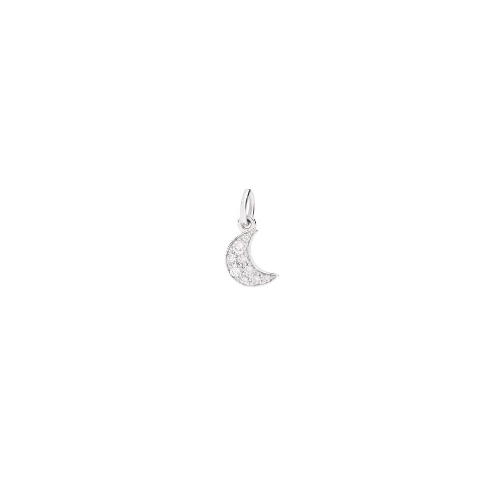 Ciondolo Luna Preziosa DoDo in oro bianco 18K rodiato con 9 diamanti bianchi e cordino nero, design elegante e simbolico.