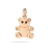 Ciondolo orsetto in oro rosa 9K con diamanti brown e black, dettaglio smalto rosso e nero.
