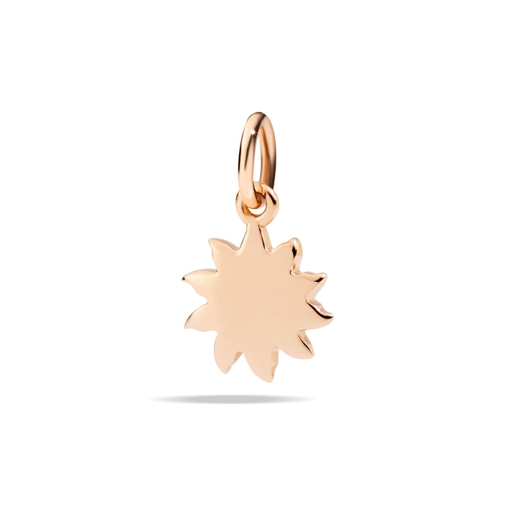 Ciondolo sole in oro rosa 9K, dettaglio lucido e design a raggi solari.