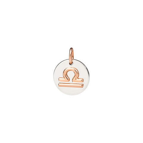 Ciondolo Zodiaco Bilancia DoDo in argento 925 e oro rosa 9K, simbolo di equilibrio e armonia con cordino nero incluso.