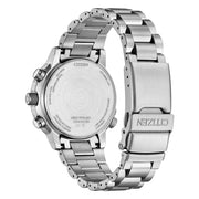 Quadrante analogico con funzioni cronografo, world time e calendario perpetuo.