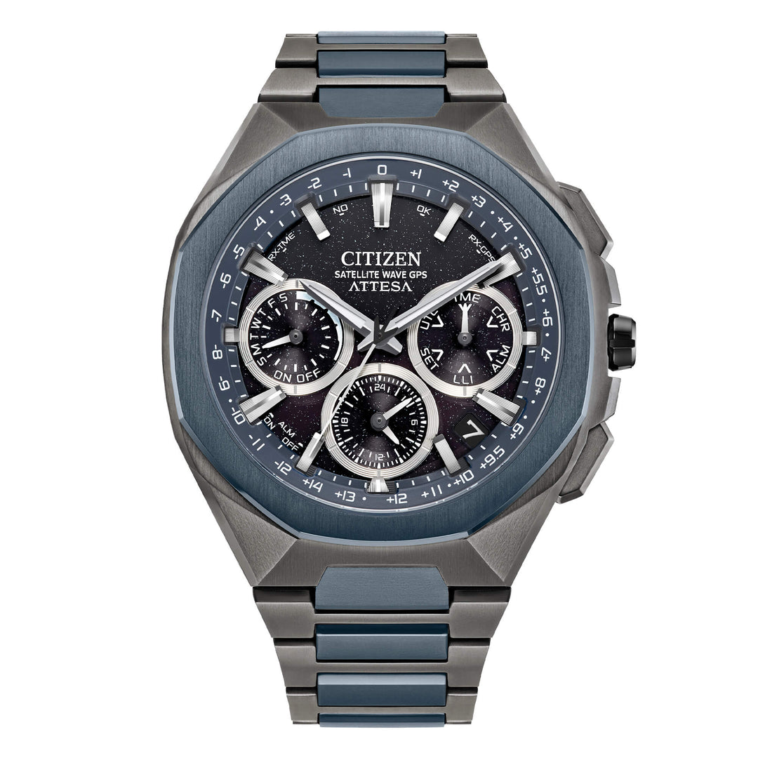 Citizen Attesa Spaceship F950 DLC Blue Limited Edition con cassa in Supertitanio nero e blue da 44 mm e lunetta ceramica ottagonale.