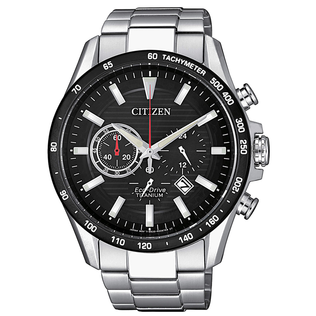Citizen Crono Super Titanio 4444 CA4444-82E con cassa in Super Titanio e quadrante nero cronografo da 42,5 mm.