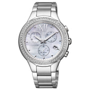 Orologio Citizen Lady Eco-Drive FB1321-56A cronografo donna con cassa acciaio 36 mm, quadrante madreperla e cristalli Swarovski.