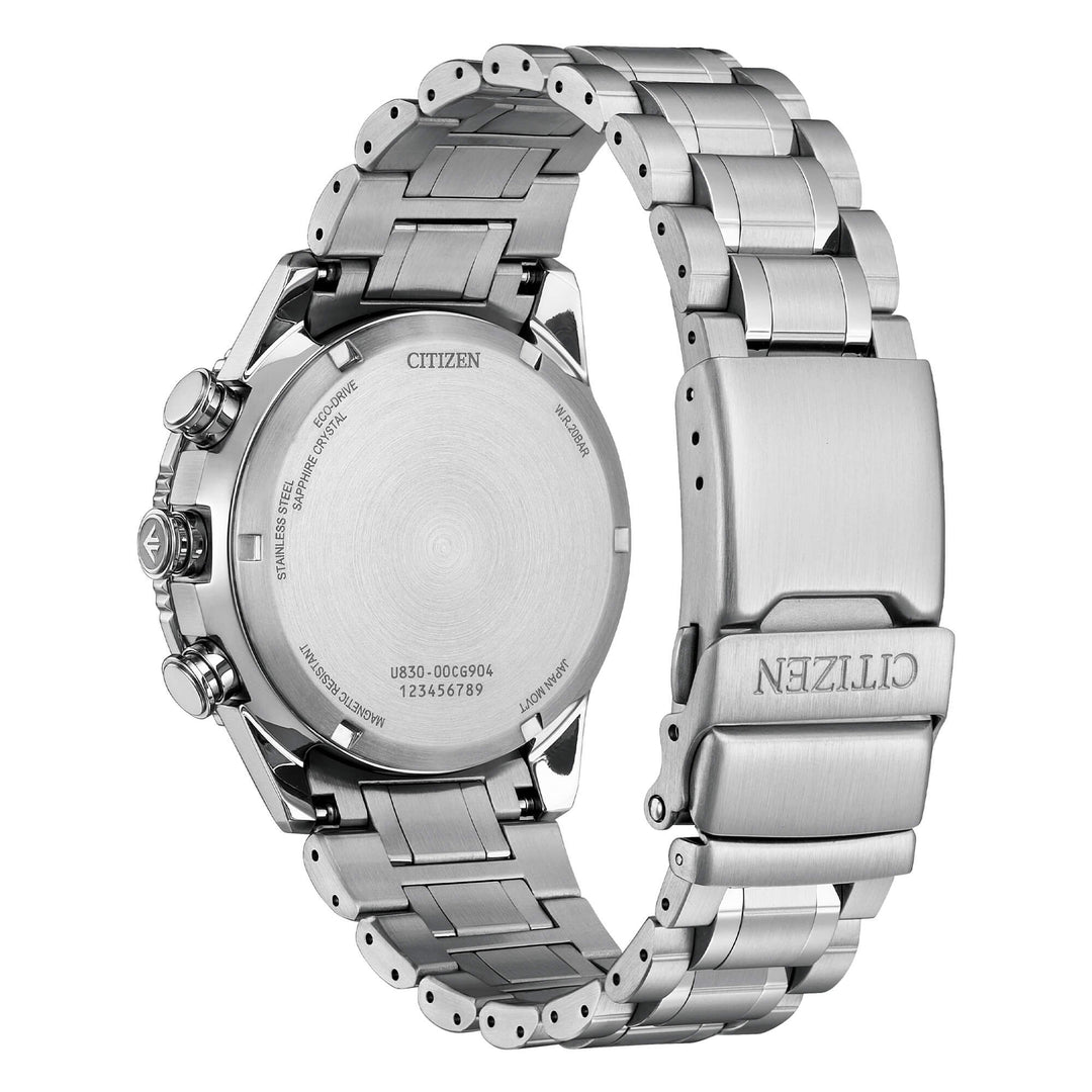 Quadrante multifunzione con funzione world time, cronografo, timer e allarme.