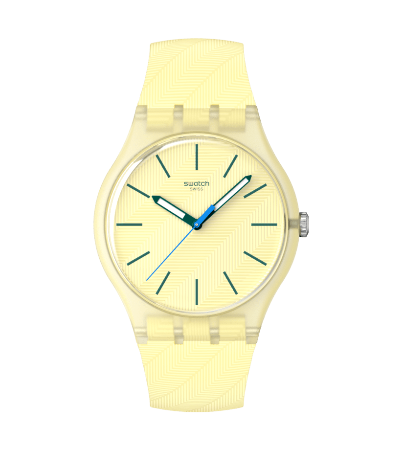 Orologio Swatch Citrus Tilt SO29J102 con cassa rotonda gialla in plastica e quadrante giallo chiaro testurizzato con indici verdi scuro stampati.