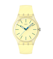Orologio Swatch Citrus Tilt SO29J102 con cassa rotonda gialla in plastica e quadrante giallo chiaro testurizzato con indici verdi scuro stampati.