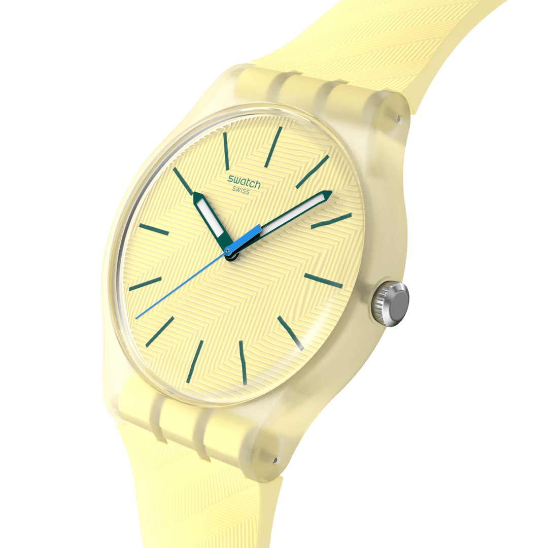 Dettaglio cinturino in plastica/resina giallo con fibbia dello Swatch Citrus Tilt SO29J102, comodo e resistente per uso quotidiano.
