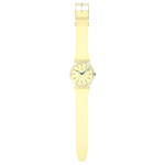 Load image into Gallery viewer, Vista frontale dello Swatch Citrus Tilt SO29J102 con lancette verdi scuro luminescenti e secondi blu su quadrante giallo chiaro vivace.
