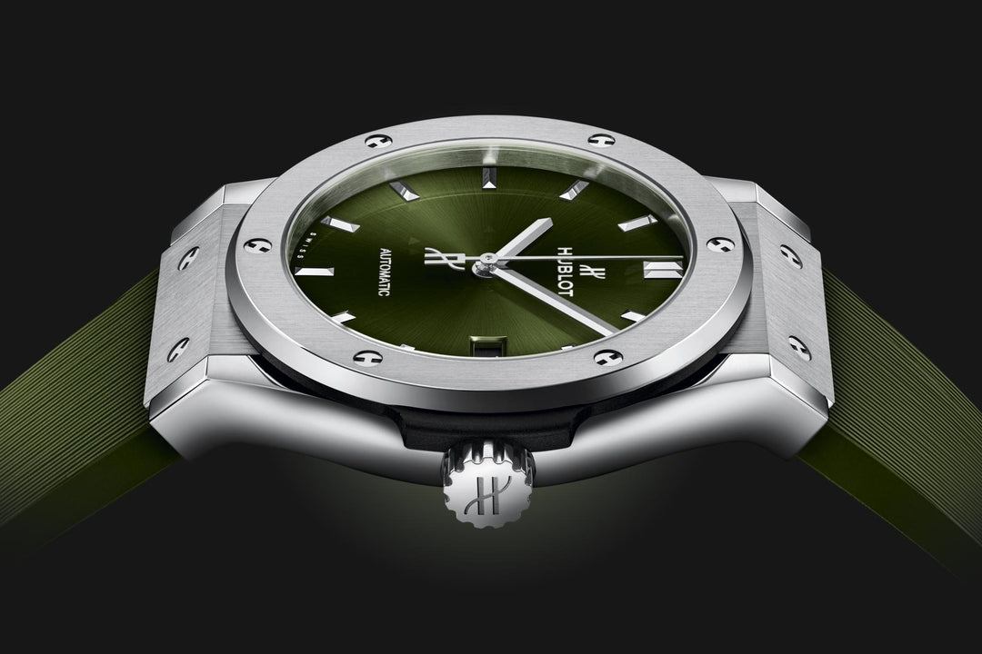 Hublot Classic Fusion Titanium Green 542.NX.8970.RX - cinturino caucciù verde scuro - cassa titanio - quadrante verde scuro con datario