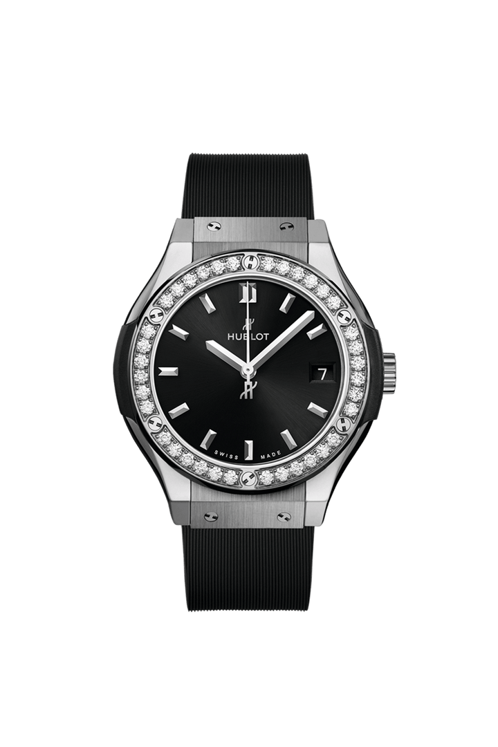 Hublot Classic Fusion Titanium Diamonds 581.NX.1470.RX.1104 - cassa titanio - cinturino caucciù nero - quadrante nero con datario