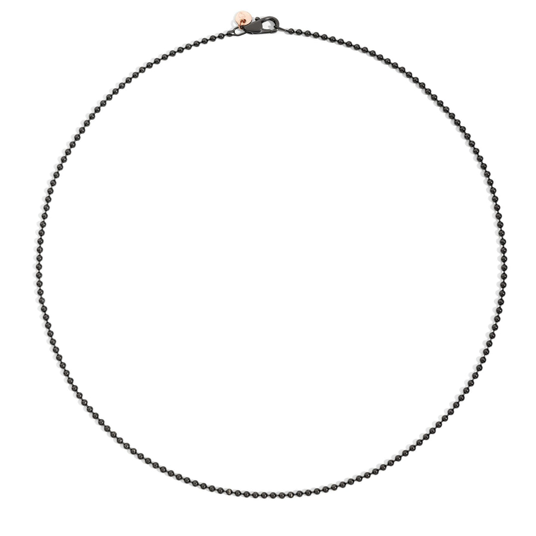 Collana Bollicine DoDo in acciaio con finitura PVD nero e piastrina in oro rosa 9K, lunghezza 50 cm.