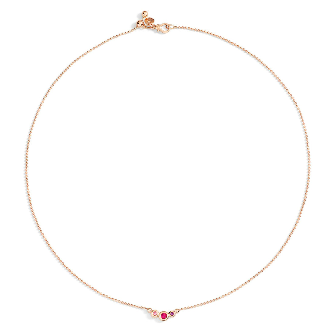 Collana Bollicine DoDo in oro rosa 9K con zaffiro rosa, rubino e ametista, design colorato e raffinato.