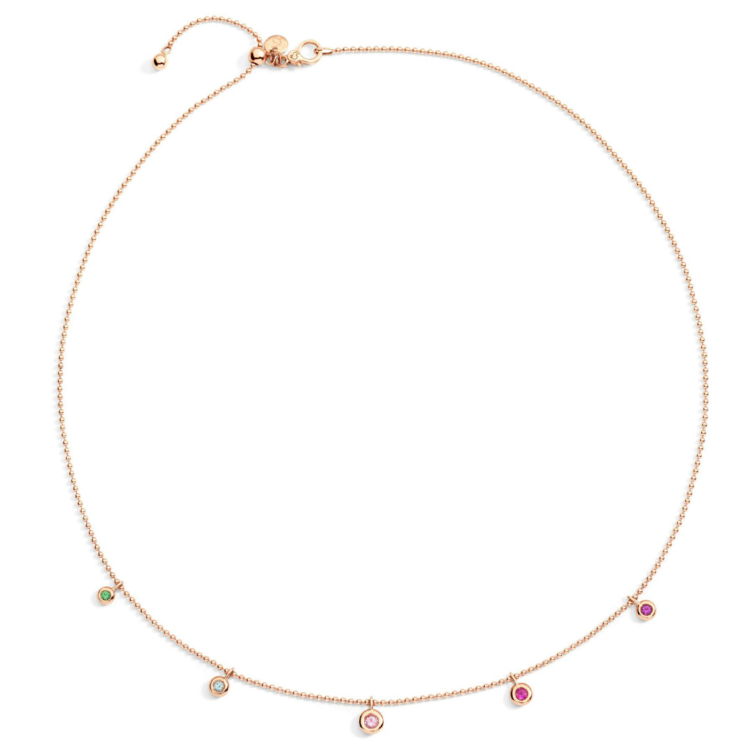 Collana Bollicine DoDo in oro rosa 9K con pietre preziose colorate come tsavorite, topazio, zaffiro, rubino e ametista.