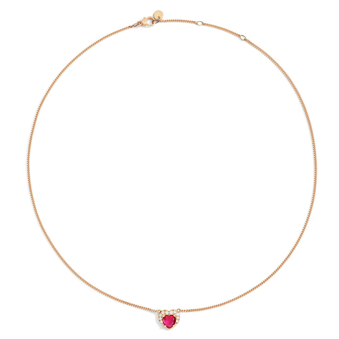 Collana Cuore DoDo in oro rosa 9K con rubino sintetico 0,6 ct e diamanti bianchi 0,11 ct, design romantico ed elegante.