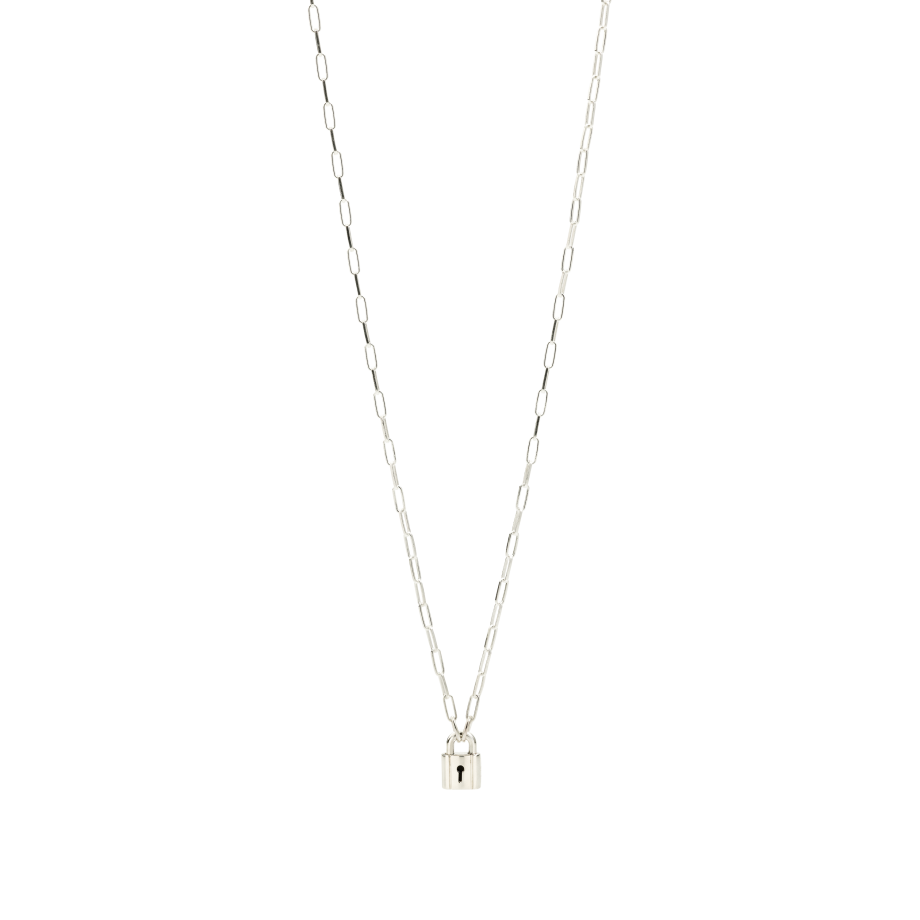 Collana Lucchetto Dodo in argento 925 con ciondolo a forma di lucchetto e piastrina, simbolo di protezione.