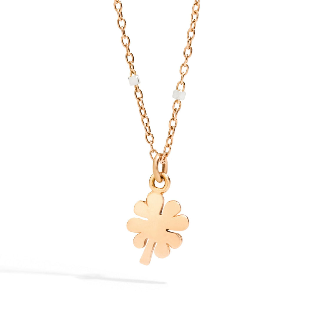 Collana Mini Quadrifoglio DoDo in oro rosa 9K e oro bianco 9K rodiato con charm quadrifoglio e piastrina, catena da 40 cm.