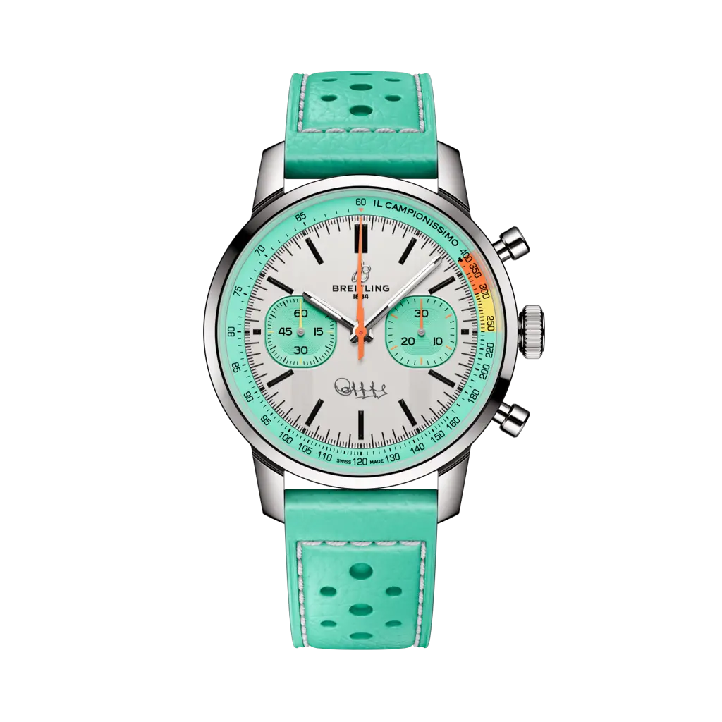 Cronografo Breitling Top Time B01 Fausto Coppi con cassa in acciaio inossidabile da 41 mm e quadrante protetto da vetro zaffiro.