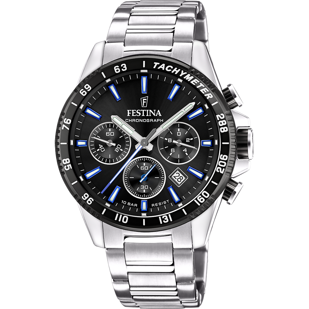 Cronografo Festina Timeless F20560/5 con quadrante nero, contatori cronografici e indici a bastoni