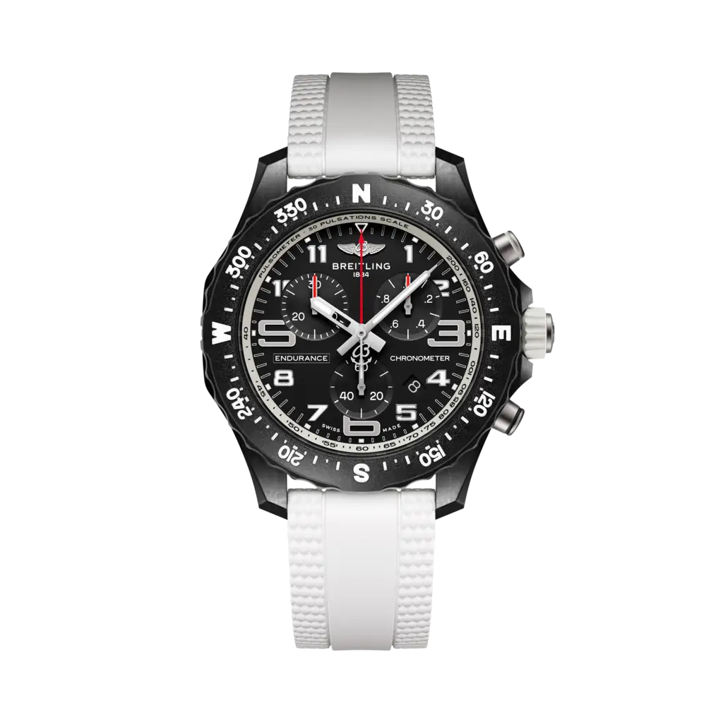 Quadrante nero con indicazioni cronografiche e datario del Breitling Endurance Pro 38 X83310A71B1S1.