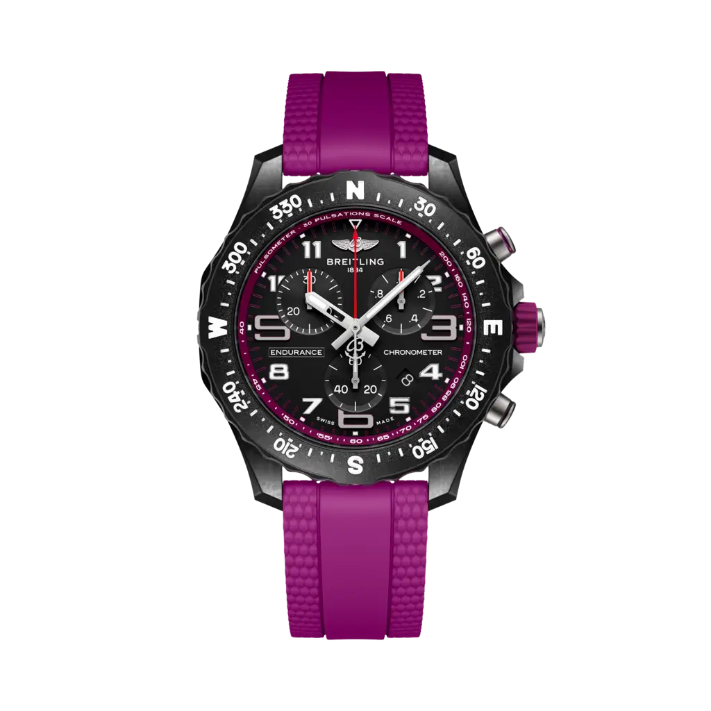 Quadrante viola con indici luminescenti e datario a finestrella del Breitling Endurance Pro 38 X83310F61B1S1.