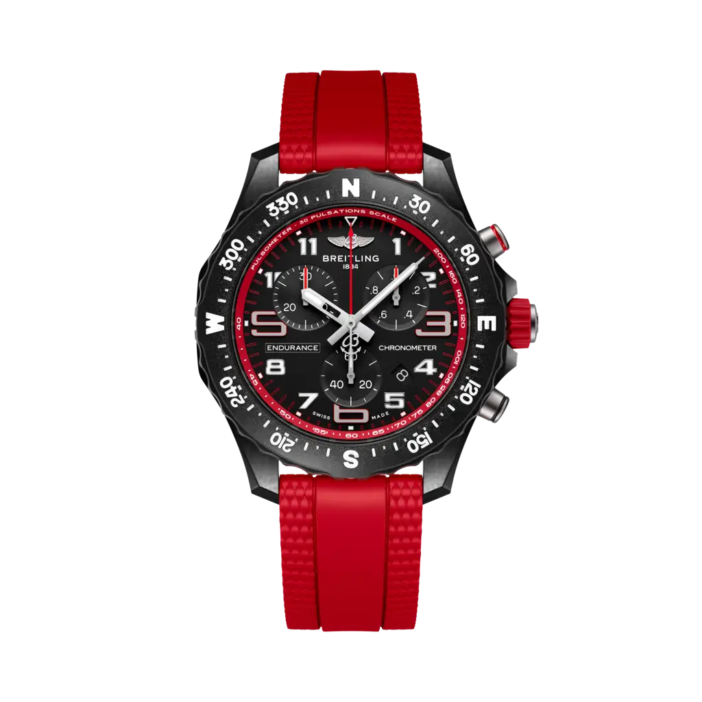 Quadrante rosso con indici luminescenti e datario a finestrella del Breitling Endurance Pro 38X83310D91B2S1.