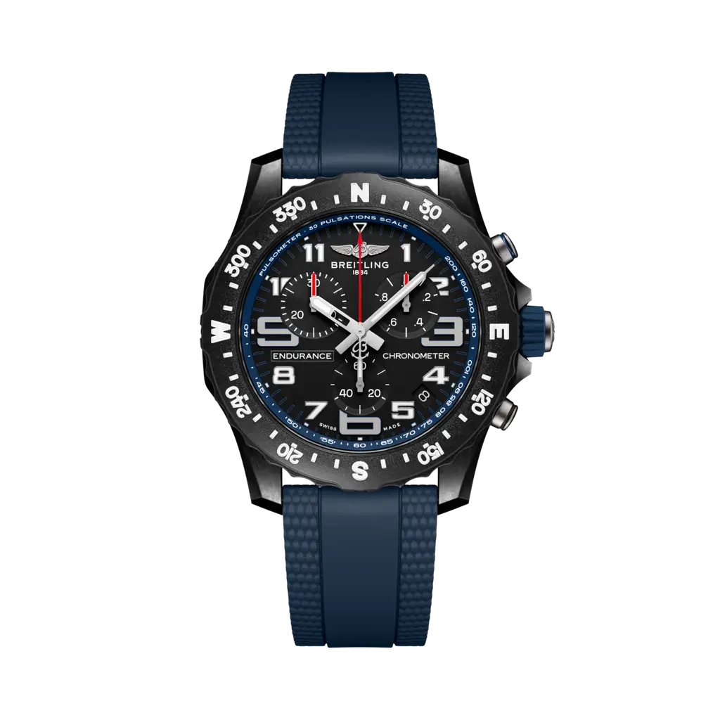 Quadrante nero con indici luminescenti e scala tachimetrica del Breitling Endurance Pro 44 X82310D51B1S2.