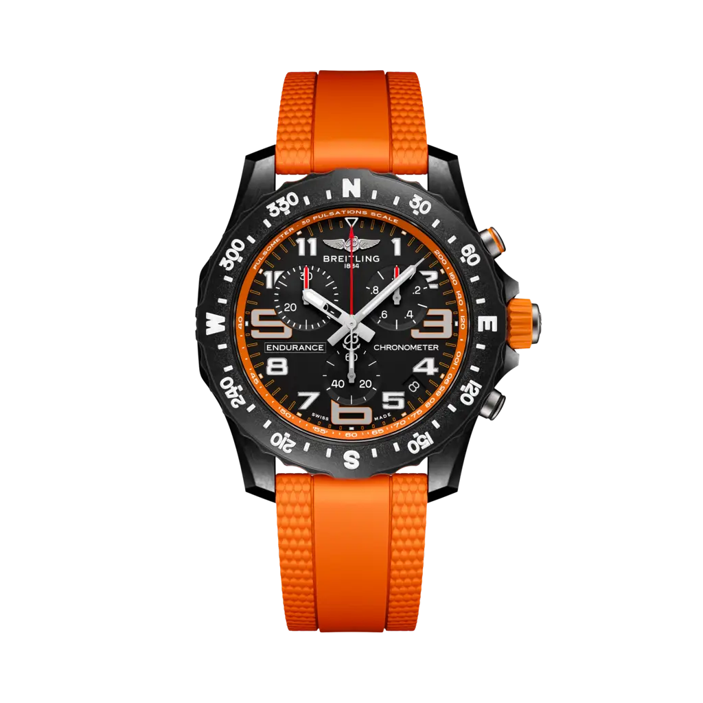 Quadrante nero con indici luminescenti e scala tachimetrica del Breitling Endurance Pro 44 X82310A51B1S2.