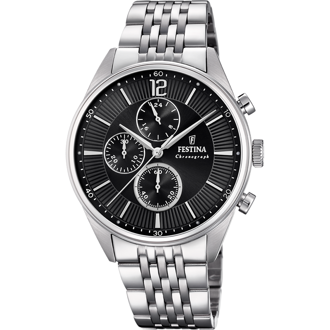 Quadrante argento semplice con indici a bastone, datario a ore 3 e lancette sottili argentate dell'orologio Festina Mademoiselle
