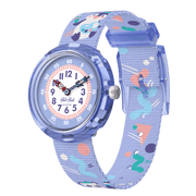 Orologio Flik Flak Arty Animals modello FBNP246 con cassa viola in plastica e quadrante bianco decorato con animali colorati e lancette di colori differenti.