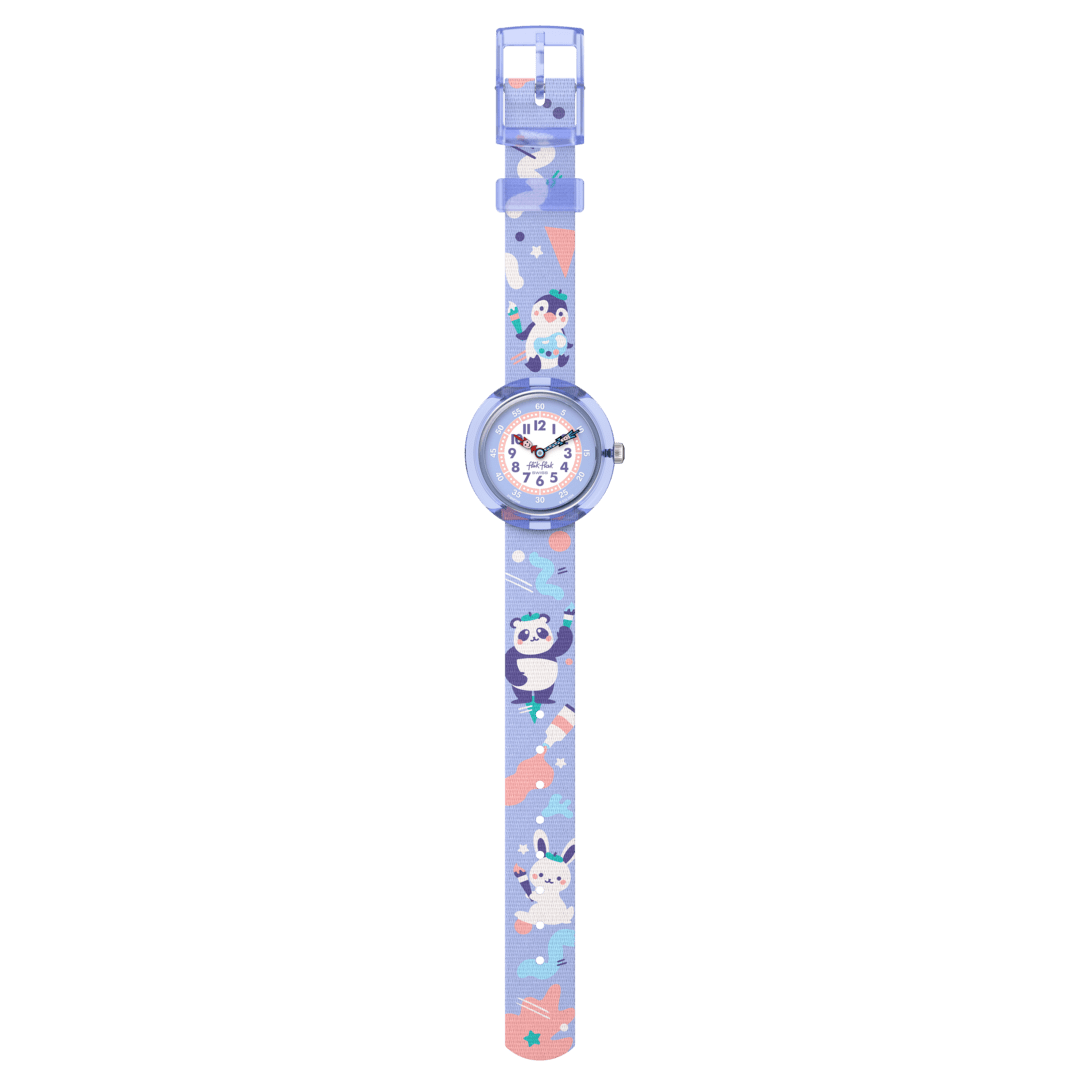 Vista frontale dell’orologio Flik Flak Arty Animals FBNP246 con quadrante bianco e grafiche animali, ideale per l’apprendimento dell’ora nei bambini.