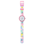 Load image into Gallery viewer, Dettaglio del cinturino tessile multicolore in PET riciclato con stampa a tema fragole e fiori Flik Flak Berry Nice.
