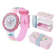 Set regalo Flik Flak Berry Nice con orologio e cestino da pranzo Monbento.