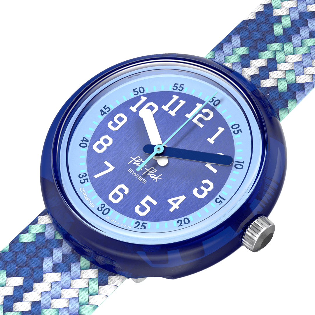 Dettaglio del cinturino tessile blu in PET riciclato Flik Flak Braid in Blue.