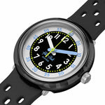 Load image into Gallery viewer, Dettaglio del cinturino in silicone nero traforato Flik Flak Bubbly Hours.
