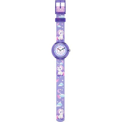 Dettaglio del cinturino tessile viola in PET riciclato Flik Flak Cosmicat.