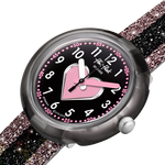 Load image into Gallery viewer, Dettaglio del cinturino in tessuto glitterato rosa e nero del Flik Flak Cuoricino.
