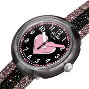 Dettaglio del cinturino in tessuto glitterato rosa e nero del Flik Flak Cuoricino.