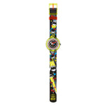 Load image into Gallery viewer, Primo piano sul cinturino tessile multicolore e la cassa verde dell’orologio FLNP016
