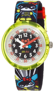 Orologio Flik Flak DC Hello Kitty Batgirl FLNP016 con quadrante nero e dettagli colorati.

