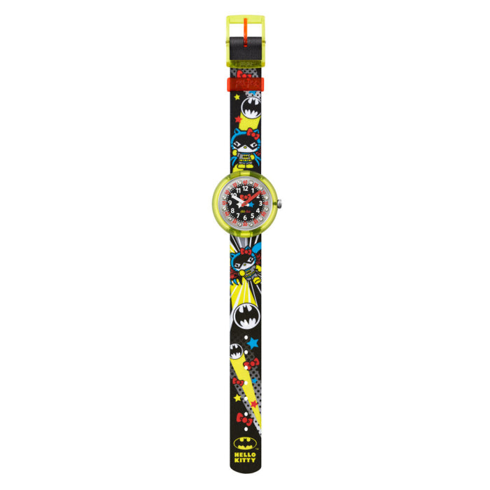 Primo piano sul cinturino tessile multicolore e la cassa verde dell’orologio FLNP016