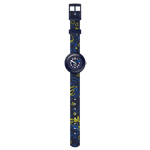 Load image into Gallery viewer, Vista laterale della cassa blu e fibbia abbinata dell’orologio Flik Flak Dino Diner.
