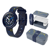 Dettaglio del cinturino tessile multicolore in PET riciclato Flik Flak Dino Diner.