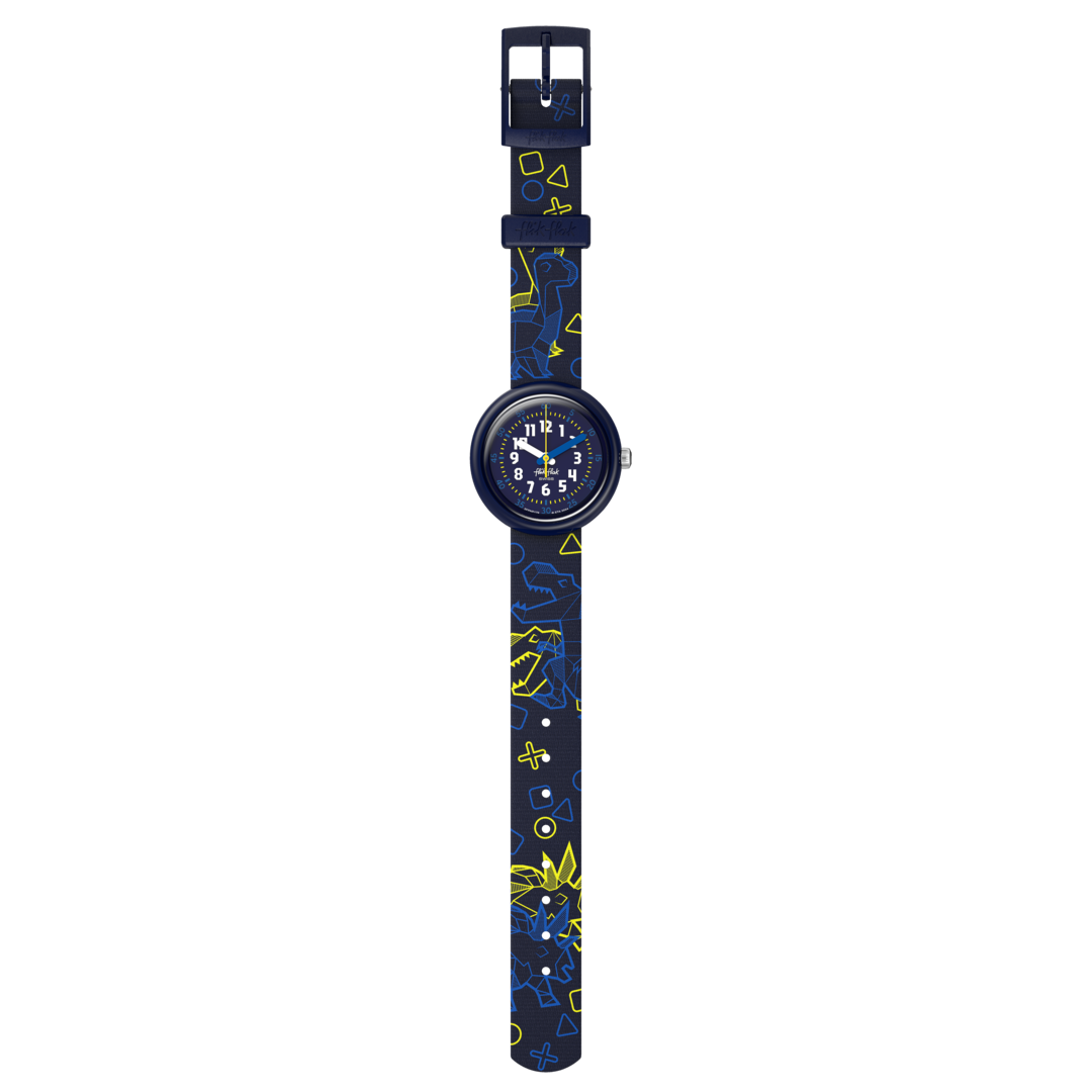 Vista laterale della cassa blu e fibbia abbinata dell’orologio Flik Flak Dino Diner.