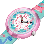 Dettaglio del cinturino in PET riciclato con fantasia colorata del Flik Flak Dino Party.

